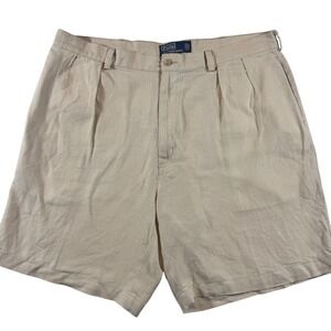 Polo Ralph Lauren Tyler Shorts Mens 40 Tan Beige 100% Linen Pleated Classic Fit